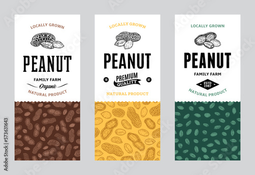 Peanut labels in modern style. Vector peanut illustrations and patterns