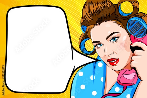 Pop art attractive surprised woman with bue eyes and speeck bubble, in curlers talking retro phone, comic vector illustration