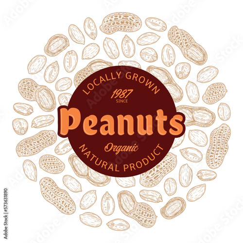 Vector peanuts label, peanut seeds and shells hand-drawn vector icons