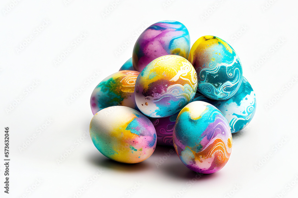 Creative Easter design concept with Multi color painted Easter Eggs on pure white background. Viva Magenta Color of The 2023 Year. Front view. Close up. Copy space. Generative AI Creative Easter design concept with Multi color painted Easter Eggs on pure white background. Viva Magenta Color of The 2023 Year. Front view. Close up. Copy space. Generative AI