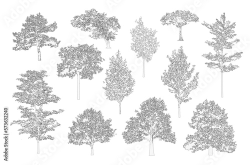 Fotografiet Minimal style cad tree line drawing, Side view, set of graphics trees elements outline symbol for architecture and landscape design drawing