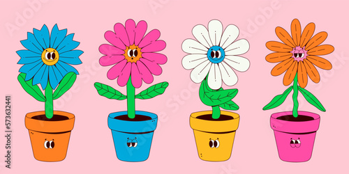 Pots with Flowers. Various shapes and colors. Abstract cartoon characters with faces. Hand drawn Vector illustration. Botanical pot, cute domestic indoor plants. Isolated elements