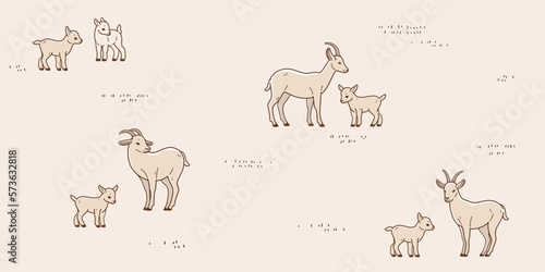 Goat with her baby in field grazing. Seamless trendy pattern with farm animal. Outline vector illustration for prints, clothing, packaging and postcards.