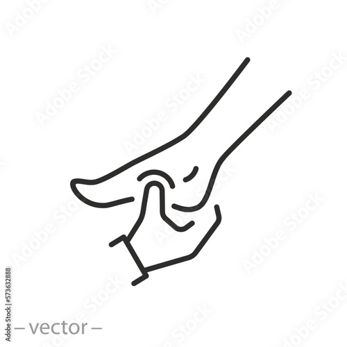 service spa for leg icon, foot massage, feet care, masseur hands, line symbol, vector illustration