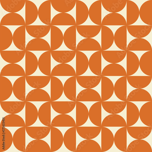 Trendy geometric seamless pattern with orange semicircles on a beige background. Modern abstract monochrome background. Vector illustration