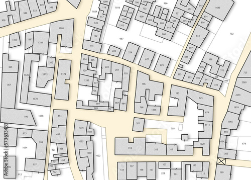 Imaginary cadastral map with buildings, land parcel and vacant plot - land records and property registry concept