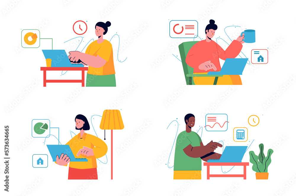 Freelance working set concept with people scene in the flat cartoon style. People work at home and earn money completing tasks on a laptop.