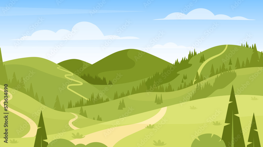 Spring mountain landscape. Vector illustration of spring or summer nature with green hills, forest, mountains, tree, grasslands meadow. Outdoor holiday activity. Active weekend. Horizontal background