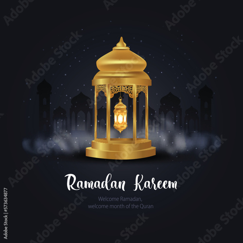 Ramadan Kareem greetings with golden lantern. vector illustration design