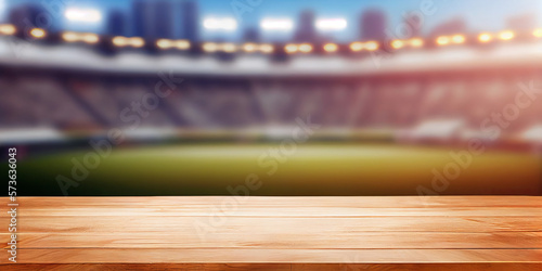 Empty wooden table top product display showcase stage with large sports stadium background. Generative ai