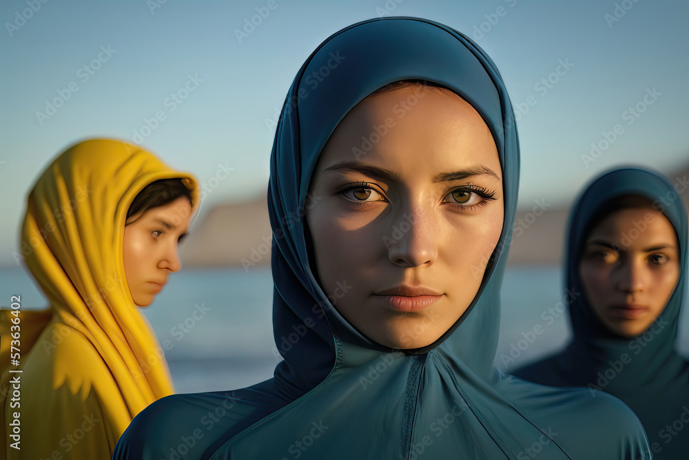 AI generated portrait of a muslim woman on the beach dressed in a burkini AI generated portrait of a muslim woman on the beach dressed in a burkini