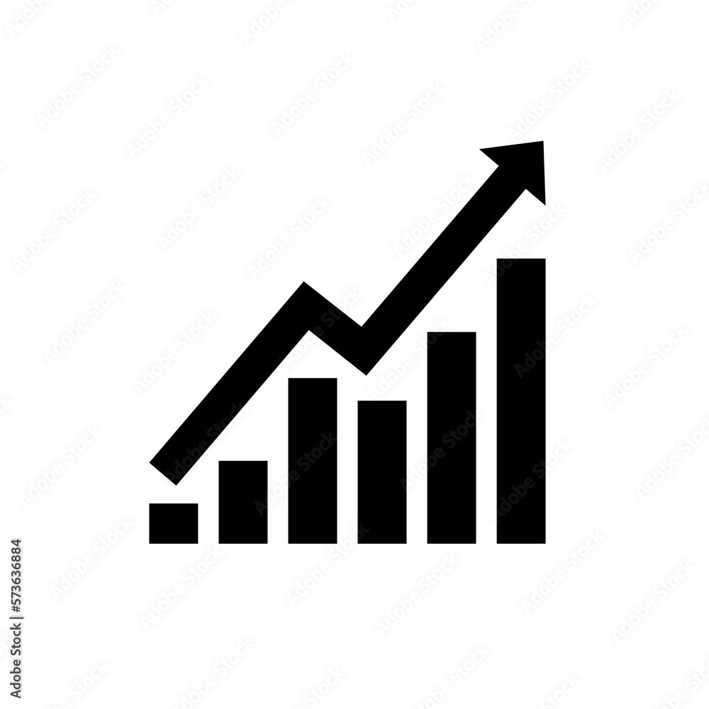 Chart graph. Black Icon graph growth with arrow isolated on white background. Hologram positive percentage. Growth direction design business management concept. Analysis pie chart. Vector illustration Chart graph. Black Icon graph growth with arrow isolated on white background. Hologram positive percentage. Growth direction design business management concept. Analysis pie chart. Vector illustration