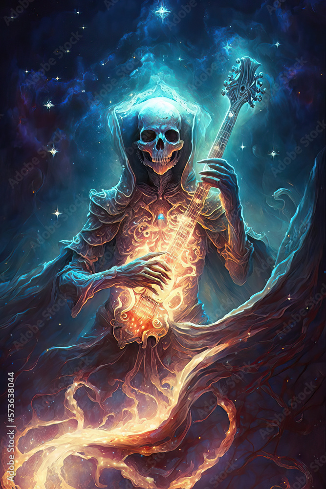 Mystical image of a skeleton playing a guitar, an anthropomorphic image of death in a glowing nebula
Mystical image of a skeleton playing a guitar, an anthropomorphic image of death in a glowing nebula