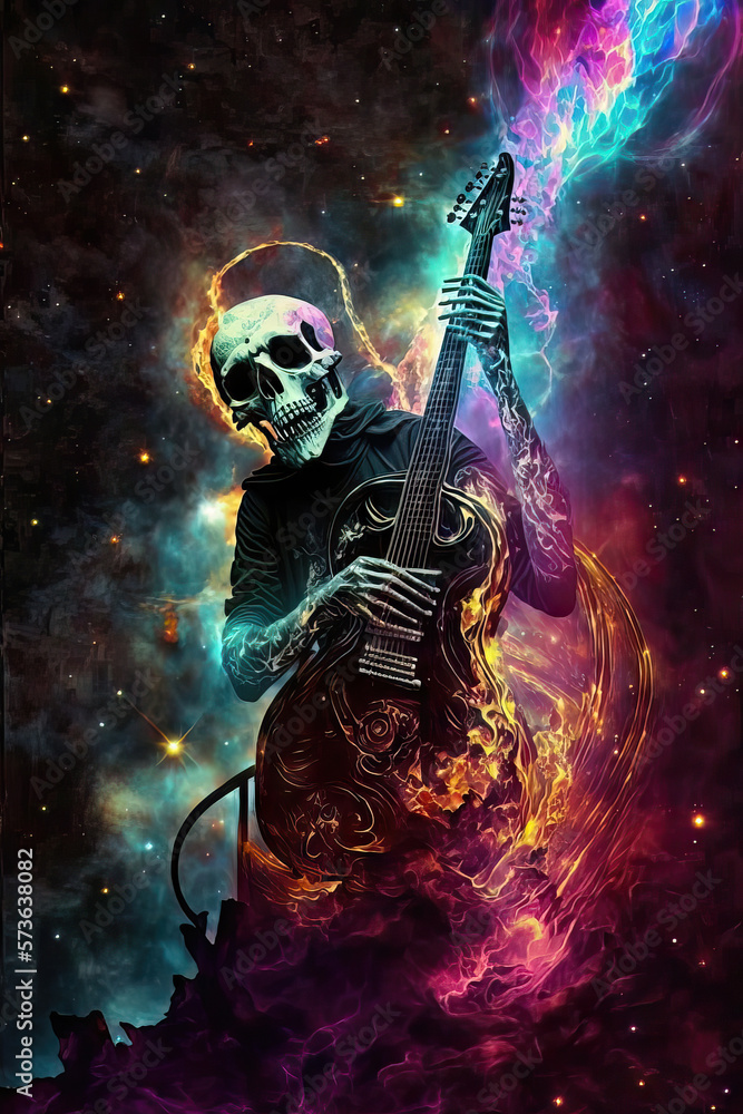 Mystical image of a skeleton playing a guitar, an anthropomorphic image of death in a glowing nebula
