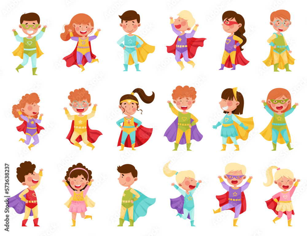 Kids Wearing Costumes of Superhero Pretending Having Powers for Fighting Crime Big Vector Set