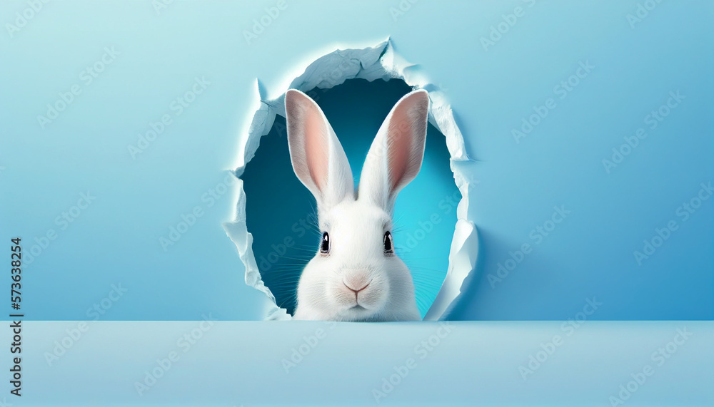 Cute white rabbit on blue background