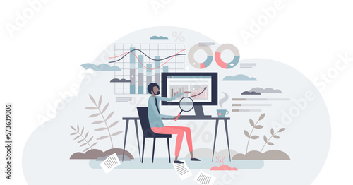 Business analyst and finance management or chart review tiny person concept, transparent background. Company revenue, profit or budget planning illustration.