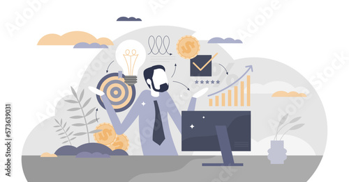 Confused product manager as unprofessional employee work tiny person concept, transparent background. Unclear project strategy or information loss expression illustration.