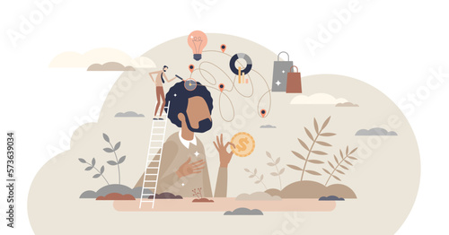 Consumer behavior research to make spend more on purchase tiny person concept, transparent background. Marketing analysis and shopping strategy monitoring to predict customer action illustration.