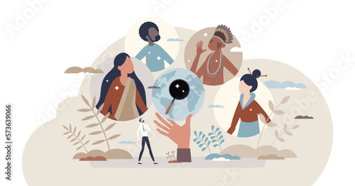 Cultural anthropology as various ethnic group research tiny person concept, transparent background. Explore multiracial and multiethnic society and community people. photo