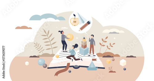 Early childhood education and preschool development tiny person concept, transparent background. Toddler and children cognitive activities with reading, playing and communication illustration.