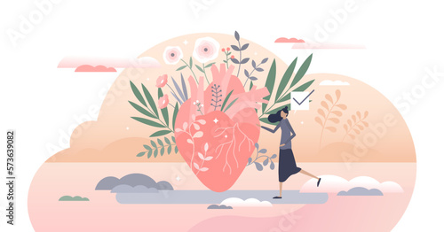 Eco love as green and ecological thinking human heart tiny person concept, transparent background.