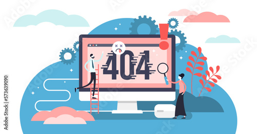 Error 404 illustration, transparent background. Flat tiny website mistake alert persons concept. Page not fount fail message as pop up notification. Oops broken network failure and problem.