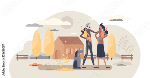 Family house as home property for couple with children illustration, transparent background. Building ownership for living in countryside together parents with kids and dog illustration.