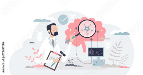 Neurologist as medical specialist and neural care doctor tiny person concept, transparent background. Occupation and profession with nerve examination, disease diagnosis and treatment illustration.