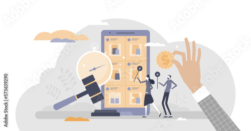Online auction website as sales bidding and purchase place tiny persons concept, transparent background. E-commerce auctioneer promotion art, luxury and antique products illustration.