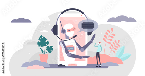 Assistant business robot automation, illustration concept, transparent background. Flat tiny person client communication, support and assistance. Chat bot AI digital conversation secretary.