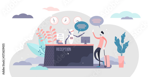 Reception robot automation process, flat tiny person illustration, transparent background. Modern hospitality tourism business future tech innovation. Customer care service on arrival and assistance.
