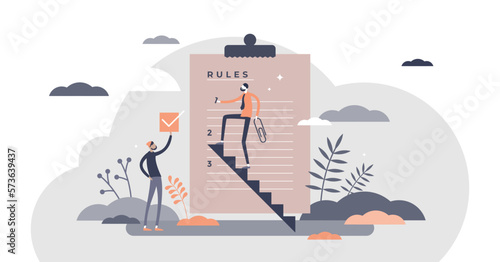 Rules regulation information as legal guideline checklist tiny persons concept, transparent background. Forbidden laws and restriction control graphic illustration.
