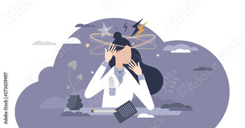 Stress overload female as frustration and tension emotion tiny person concept, transparent background. Psychological feeling with dizzy head from too much intense work duties illustration.