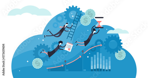 Work flow illustration, transparent background. Flat tiny work organization persons concept. Abstract activity process development with labor division and delegation of responsibility.