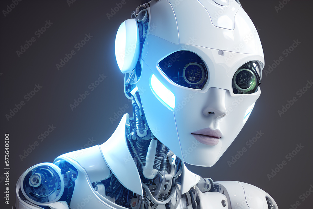 Portrait of robot on gray background. Modern cyborg technology. Generative AI	