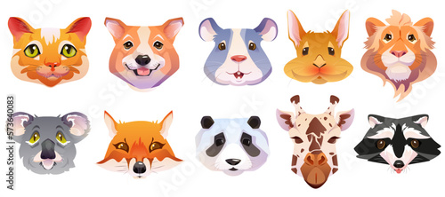 Cartoon set of animal face with cute masks for selfie photo or video chat. Pet heads of cat, dog, fox, raccoon, rabbit, lion, koala, mouse and giraffe for mobile phone application or social content.