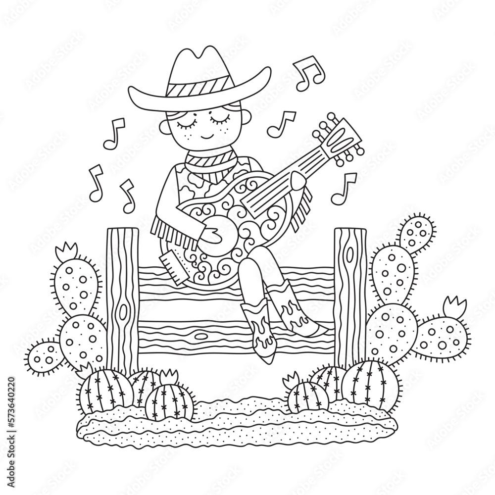 Cowboy wearing traditional clothing, sitting on ranch fence, playing guitar. Country music. Western male character. Desert nature, cactuses. Coloring page for kids. Cartoon vector illustration
