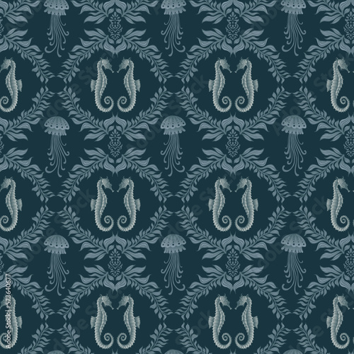 Seahorses and Jellyfish seamless pattern. Elegant sea animals wallpaper damask style.