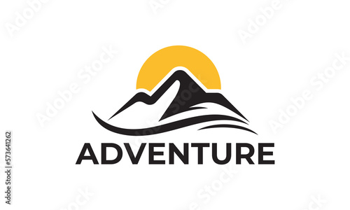 mountain with sun logo design. adventure travel symbol vector illustration.