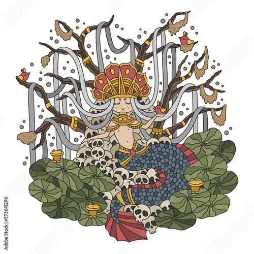 Gorgeous male mermaid sitting on the throne. Cute merman, king of swamp. Fish boy wearing big crown. Leaves, branches, toads. Fantasy art. Funny cartoon vector illustration. Isolated on white
