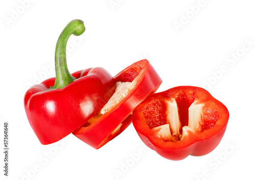 Red bell pepper cut into three pieces isolated on white background