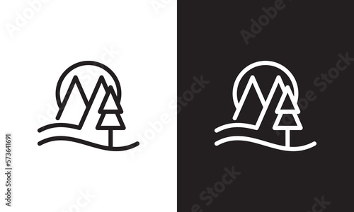mountain logo design. pine tree wave and sun symbol vector illustration.
