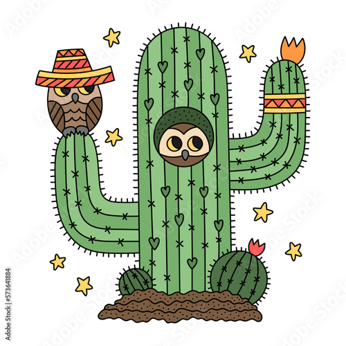 Cute little owls living in the cactus. Little nestling wearing sombrero. Big tall cactus with small round cactuses. Mexican desert nature. Cartoon vector illustration for kids