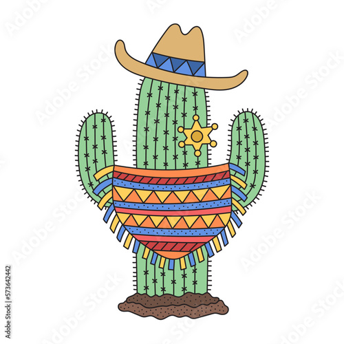 Tall green cactus wearing cowboy hat, mexican poncho and sheriff star. Western cacti. Wild west plant. Cartoon vector illustration for kids. Isolated on white