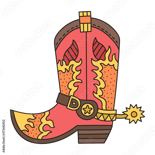 Colorful cowboy boot with spurs. Red western shoe decorated with yellow flame. Cartoon vector illustration. Isolated on white
