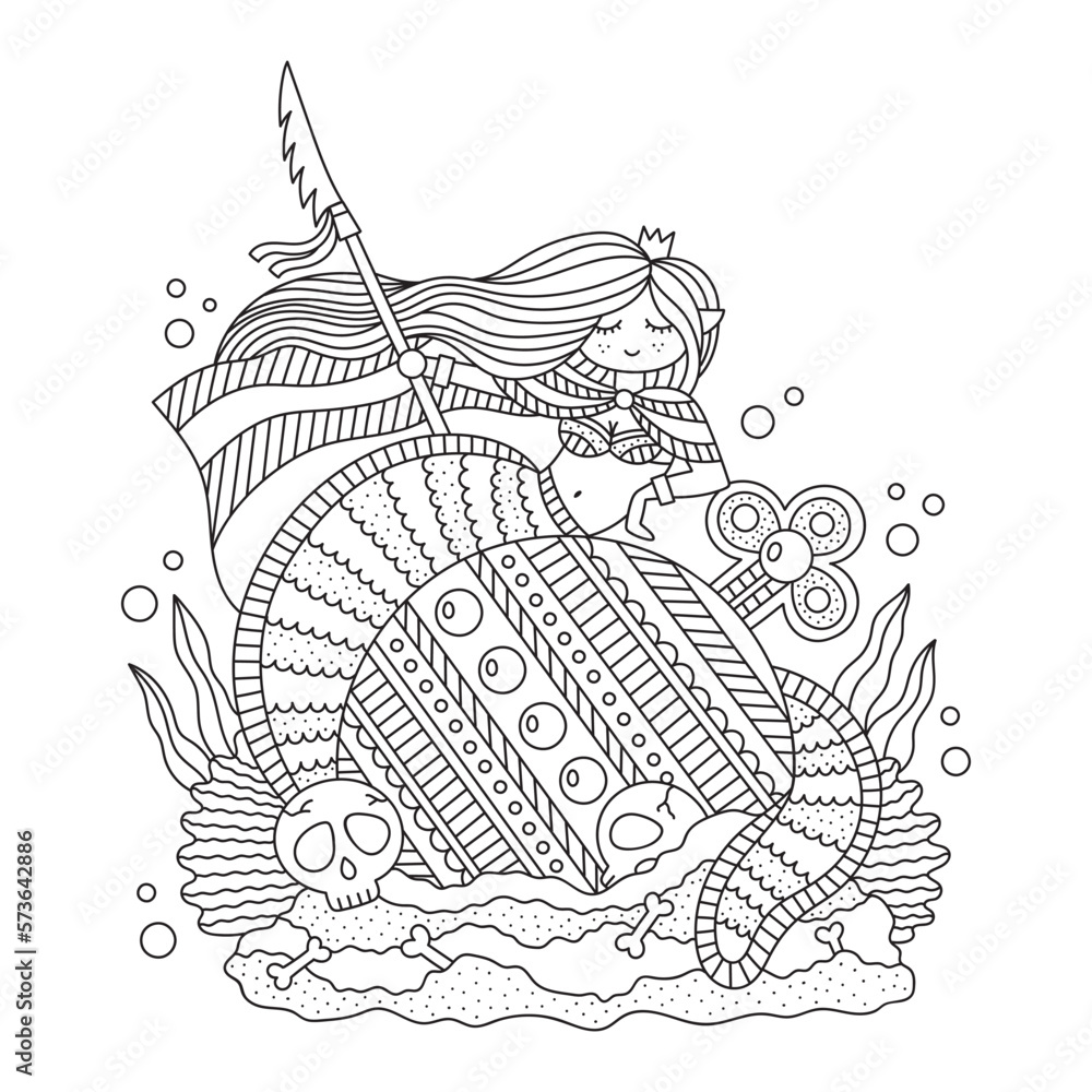 Little warrior queen mermaid with big royal orb. Sea princess fish girl. Underwater fairy tale creature. Fantasy coloring page for kids. Cartoon vector illustration. Isolated on white. Outlined art