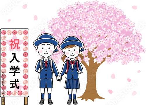 入学式に登校する新入学生の男の子と女の子