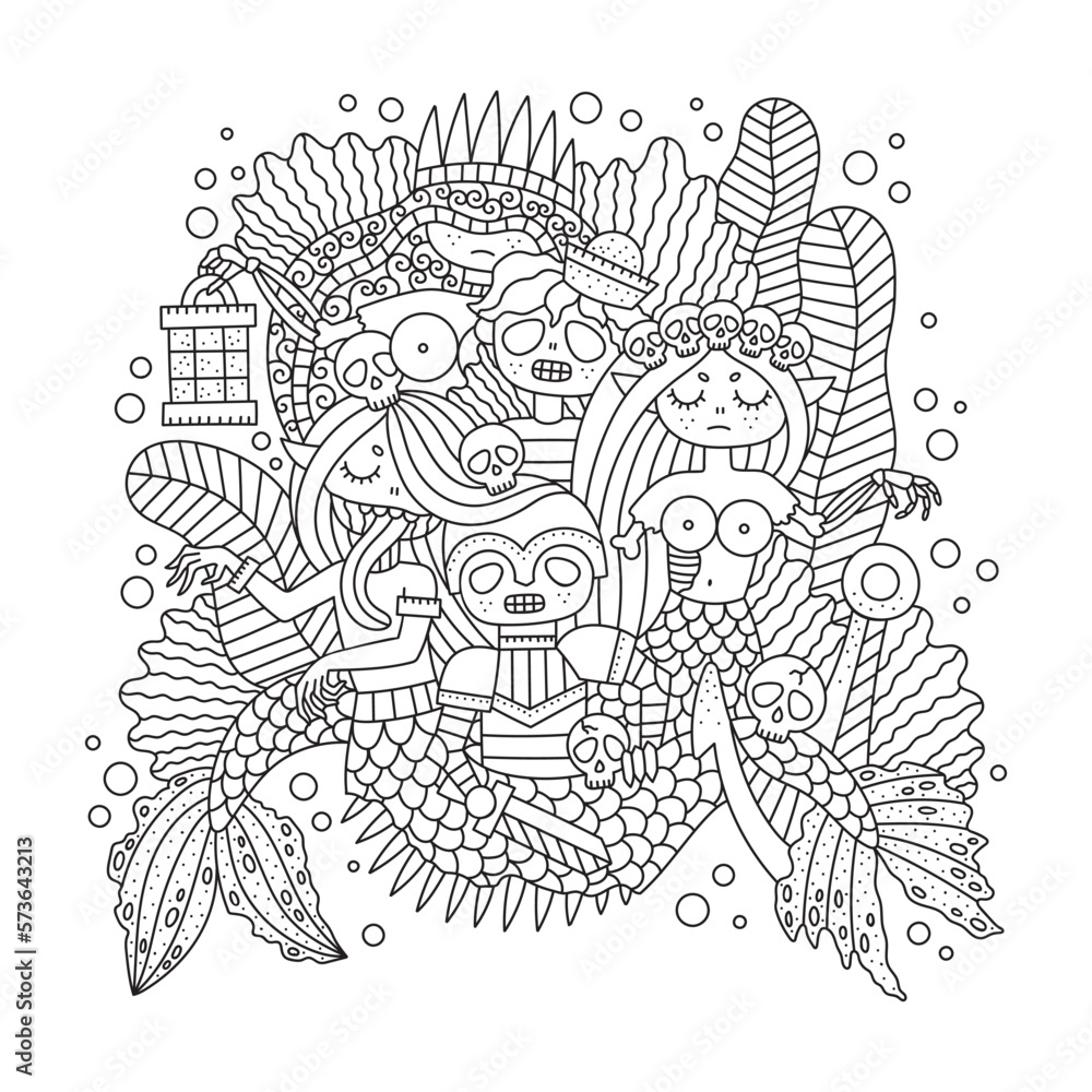 Zombie mermaid and human. Scary sea monsters. Dead girl and boy. Underwater fantasy horror. Coloring page for adults. Cartoon vector illustration. Isolated on white. Outlined hand drawn artwork