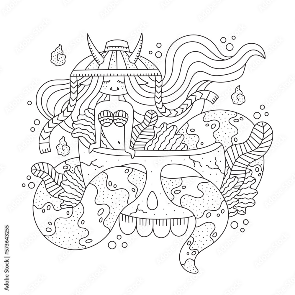 Little asian demon mermaid and big skull. Cute snake woman with horns. Mysterious japanese monster girl. Oriental coloring page. Cartoon vector illustration. Isolated on white. Outlined drawing